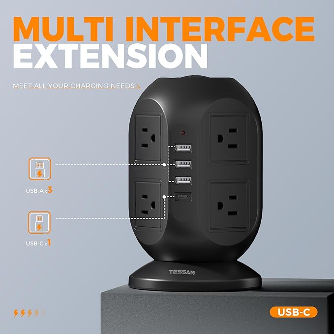 Surge Protector Power Strip Tower, TESSAN 10 ft Flat Extension Cord with Multiple Outlets, 8 AC Outlets 4 USB Ports (1 USB C), Charging Station with Surge Protection for Home Office Dorm, Black