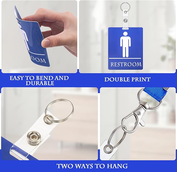 6 Set Bathroom Pass Restroom Pass with Key Holder Keychain with Lanyard PVC Blue and Pink Restroom Passes for Classrooms Women Men