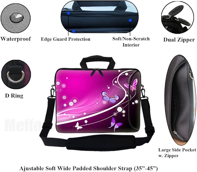 Meffort Inc 17 17.3 inch Neoprene Laptop Bag Sleeve with Extra Side Pocket, Soft Carrying Handle & Removable Shoulder Strap for 16" to 17.3" Size Notebook Computer - Pink Butterfly Design