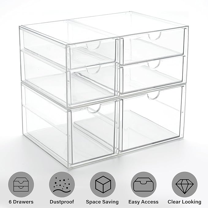Prsildan Acrylic Drawer Makeup Organizer with 6 Drawers, Set of 2 Office Desk Organizers Accessories, Clear Stackable Storage Drawers for Vanity, Countertop, Craft, Jewelry, Art Supply Organization
