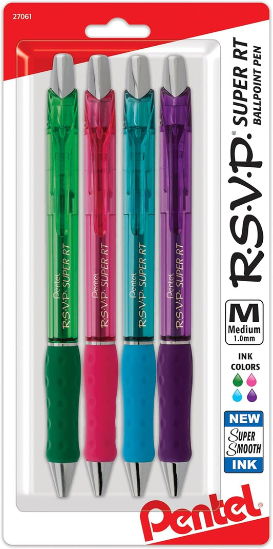 Pentel RSVP Super RT Ballpoint Pen, (1.0mm) Medium Line, Assorted Ink (DPSV), 4-pk - BX480BP4M1