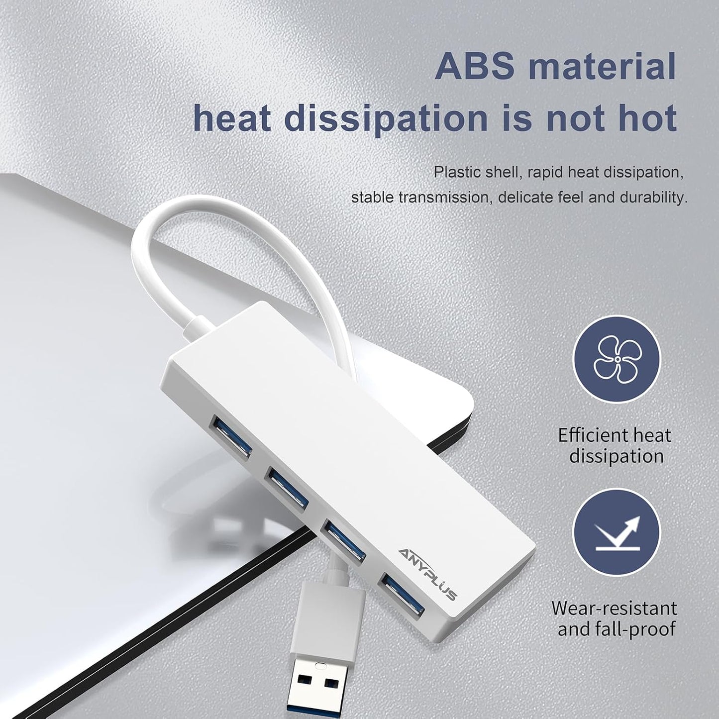 USB 3.0 Hub, Portable Slim USB Hub Adapter, 0.8 ft Multiple USB Splitter, USB Extender for PC, Laptop, iMac, Surface Pro, MacBook, Mac Pro, Flash Drive, XPS, Mouse, HDD【White】