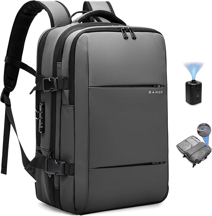 BANGE Airback Backpack,60L Expandable Travel Backpack Vacuum Compression with Air Pump, Waterproof and Anti-Theft Laptop Backpack for Hiking, Business and Travel