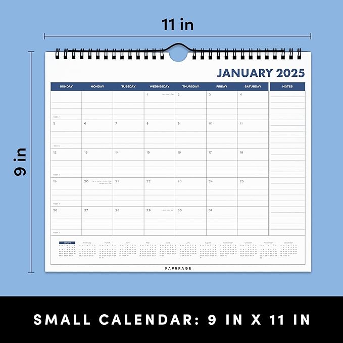 PAPERAGE Calendar 2025-12 Month (Navy), Minimalist Wall and Desk Calendar with Monthly Views and Yearly Plans – Small (9 in x 11 in)