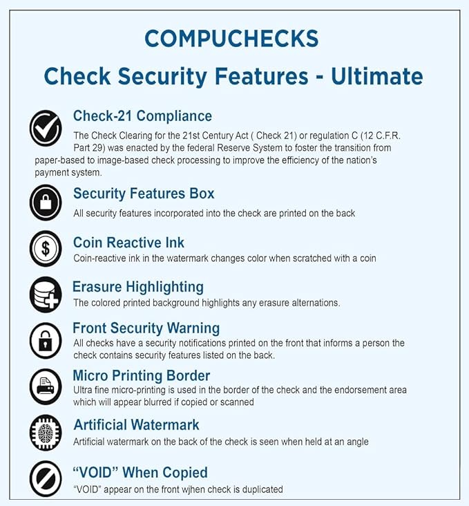 Compuchecks Check on Top Blank Check Paper - 250 Pack, Quick-Books & Laser Printer Compatible - Security Business Checks with Voucher - 8.5" x 11" Blue Marble