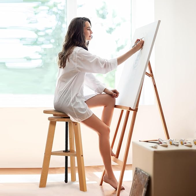 VISWIN 19"-26" H Wooden Adjustable Height Stool, Beech Wood Artist Stool for Drafting, Painting Stool for Artists, Adults, Wood Chair for ArtStudio, Bar, Kitchen, Home Use, Office