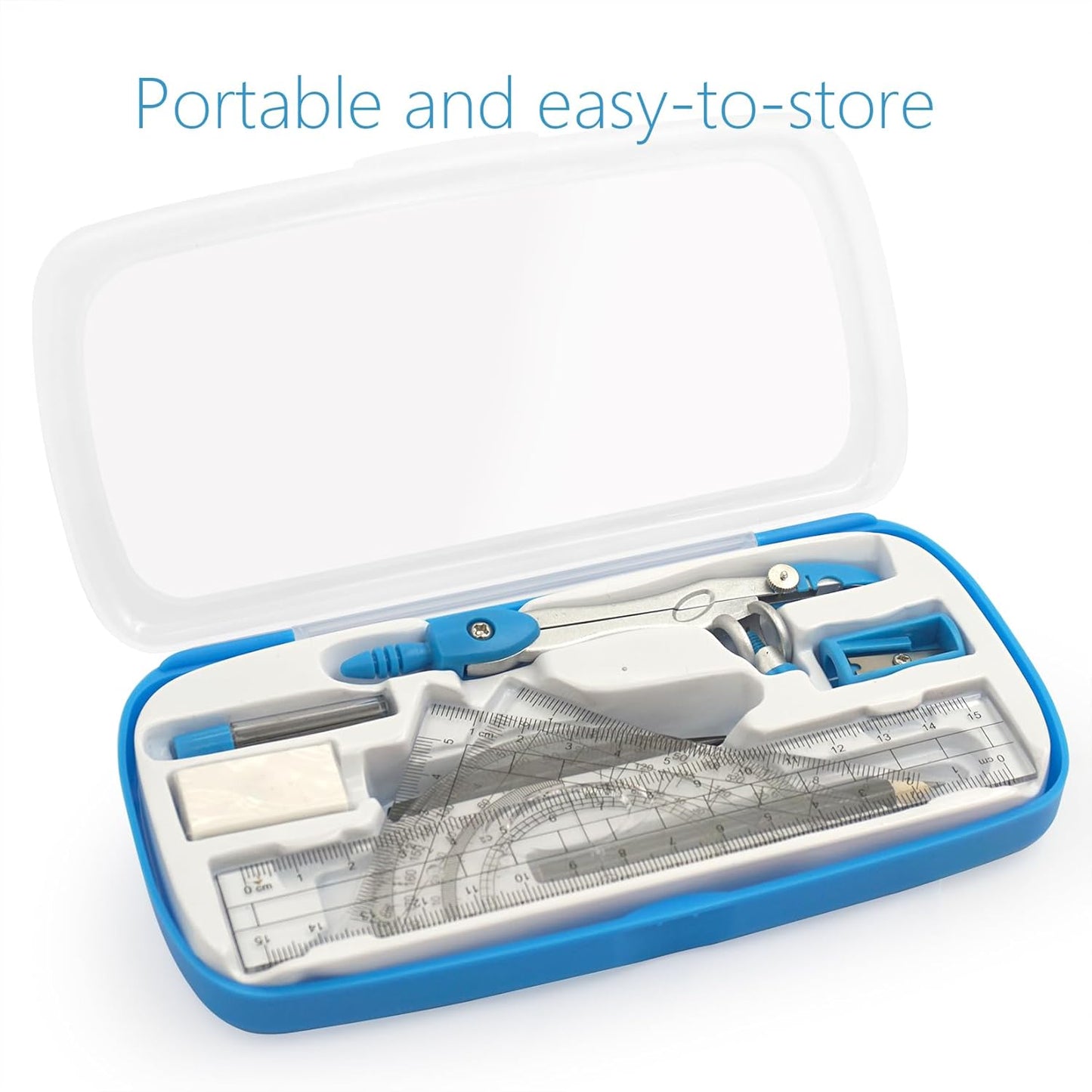 Drafting Compass Kit School Supply Set Featuring Geometry Compass, Protractor, Set Squares, and Ruler – for School Grade Boy snd Girl with Every Piece Compact in Carrying Case, Classic Blue