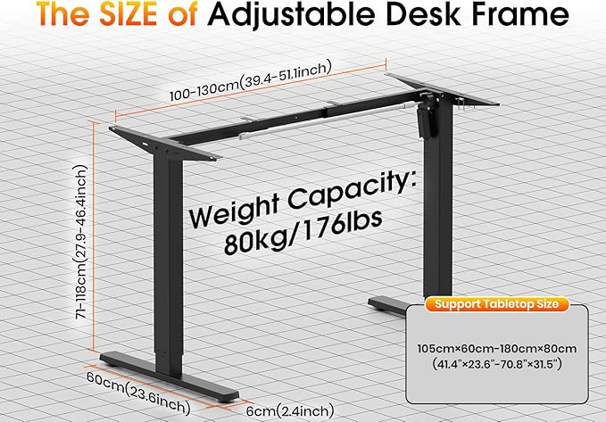 Standing Desk Frame, Electric Stand up Desk Frame Height Adjustable Table Legs Sit Stand Desk Frame, Single Motor Ergonomic Standing Desk Base Workstation, Frame Only, Black