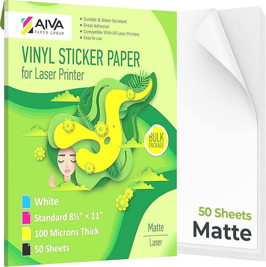 Printable Vinyl Sticker Paper for Laser Printer - Matte White - 50 Self-Adhesive Sheets - Waterproof Decal Paper - Standard Letter Size 8.5"x11"