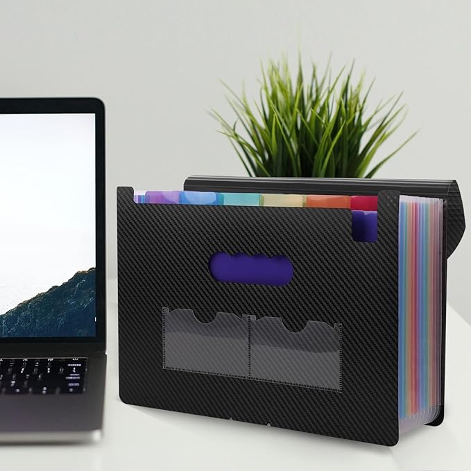 SKYDUE Accordion File Organizer, 12 Pockets File Folders, Letter Size Expanding File Folder with Colored Tabs and Expandable Cover, Portable Bill Receipt Organizer Black