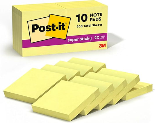 Post-it Super Sticky Notes, 10 Sticky Note Pads, 1.875 x 1.875 in., School Supplies, Office Products, Sticky Notes for Vertical Surfaces, Monitors, Walls and Windows, Canary Yellow