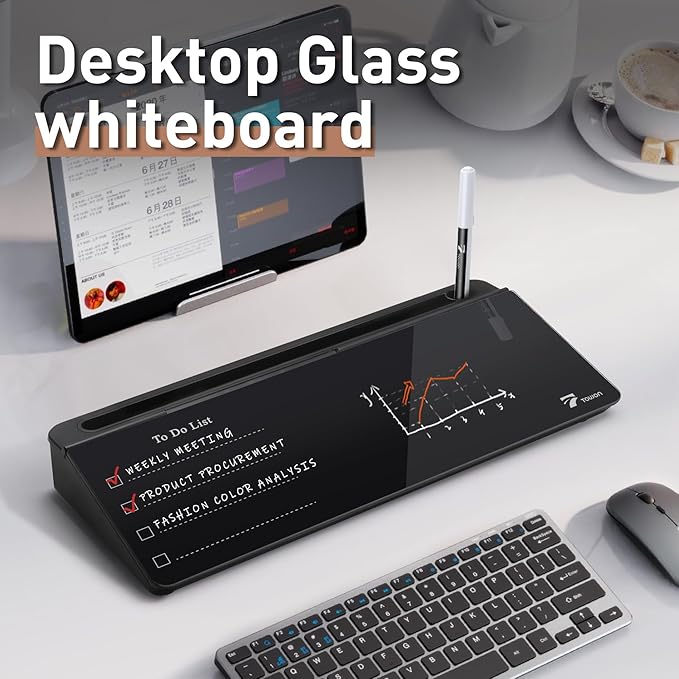 TOWON Black Desktop Whiteboard with todo List Templates, White Board Dry Erase Small for Desk, Glass Reminder Memo Notepad to-do List Dry Erase with Storage, Lined & Free Section, 16x7 Inches