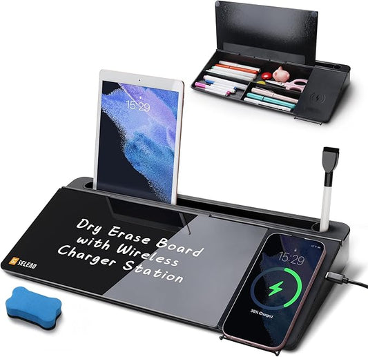 SELEAD Desktop Glass Whiteboard with Wireless Charger Station, Dry Erase Board Computer Pad Keyboard Stand with Organizer for Home, School, Office Desk Accessories, Black