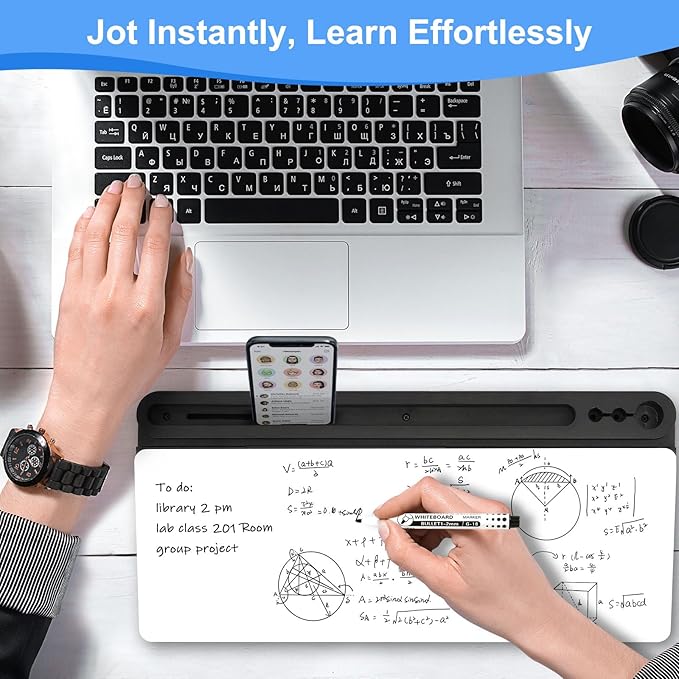 Desktop Glass Whiteboard with Storage, Desk White Board with Computer Keyboard Stand, White Dry Erase Board with Drawers for Home, School, Office Desk Organizers and Accessories