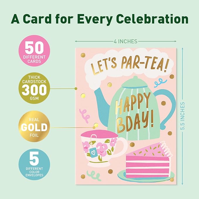 Sweetzer & Orange Happy Birthday Cards with Envelopes and Assortment Box – Variety Set of 50 Assorted Birthday Notes. Perfect Bulk Pack for Celebrations, Office, Friends, Family, and Special Occasions-4x5.5"