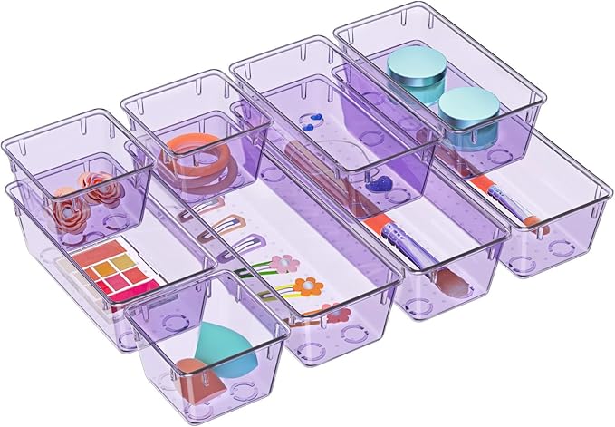 WOWBOX 9 Pack Clear Drawer Organizer Set, Acrylic Drawer Storage Trays, Storage Bins for Makeup, Cosmetics, Jewelries, Utensils, Gadgets, Office, Purple