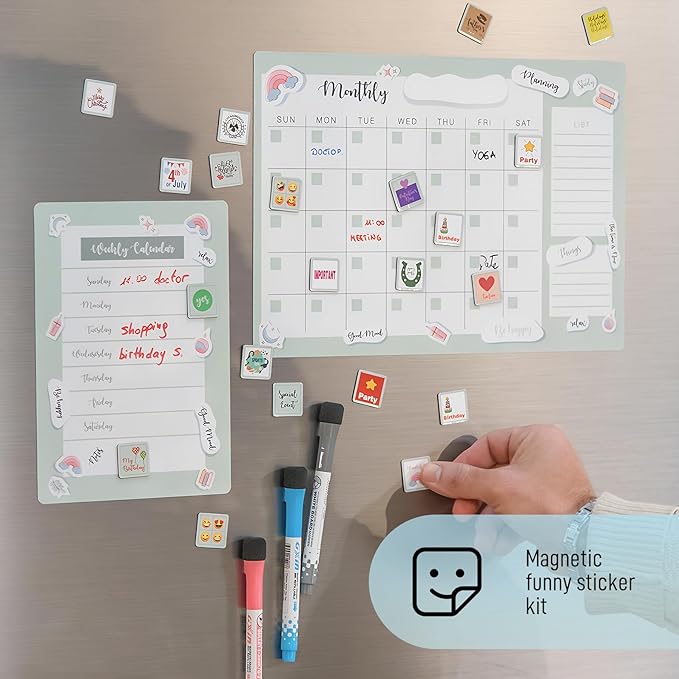 DAYLINDGO Magnetic Refrigerator Calendar - Magnetic Fridge Calendar 12.6" x 8.7" 3 Markers & 1 Invisible Ink & Grocery List Dry Erase Magnet Calendar for Fridge Kitchen Organization, Shipped Flat