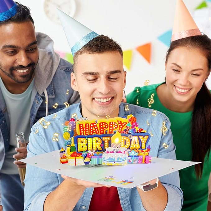 Birthday Cards Light 3D Pop Up Music, Blowable LED Candle Cake Gifts Greeting Cards for Women Men Kids Mom