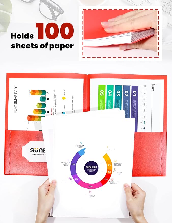 SUNEE 2 Pocket Folders (24 Pack, Red) Heavy-Duty Plastic Folders with Pockets, Fit 8.5x11 Letter Size Paper, 2-Pocket File Folders for Kids, Home, School, Office