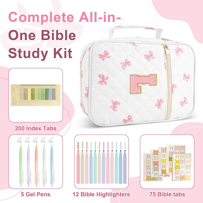 Personalized Initial Bible Cover Case for Women Girls Kid - Large Quilted Bible Case with Handle, Stylish Chenille Letter Bag Study Supplies, Perfect Christmas Gifts for Christians Women (Pink Bow-L)