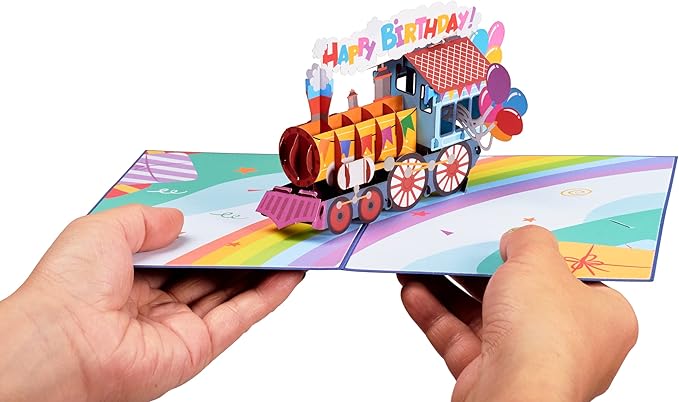Paper Love Happy Birthday Train, Handmade 3D Pop Up Birthday Card - 5"x7" Cover - Includes Envelope and Note Tag
