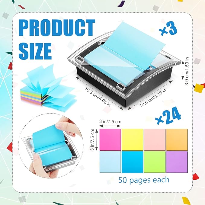 Meanplan 3 Pack Pop up Sticky Dispenser Post Note Holder Black Base with 24 Pads Colored Pop up Sticky Notes Memo Pads Blank Self Stick 3x3 Refills Back to School Office Supplies, 50 Sheet Per Pad