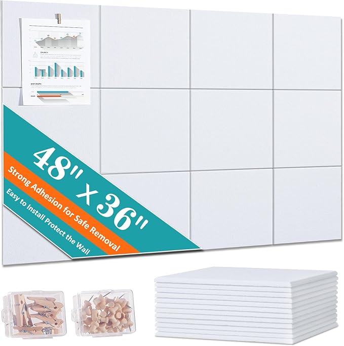 Cork Board for Walls 48" x 36" - White Bulletin Board - 12 Pack Felt Wall Tiles with Safe Removable Adhesive Tabs - Large Corkboard for Office & Home & School Decor - White
