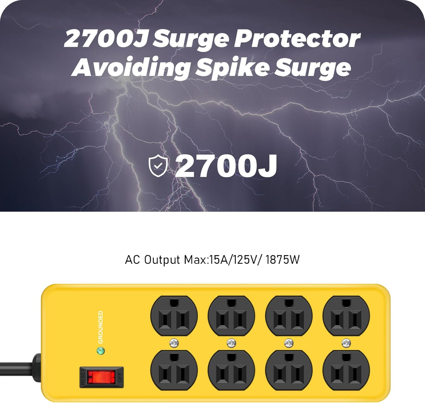 Wall Mount Power Strip,8 Outlet Heavy Duty Power Strip with 2700 Joules Surge,15Amp Metal Mountable Surge Protector for Home,Office,Garage & Workshop,14AWG Extension Cord