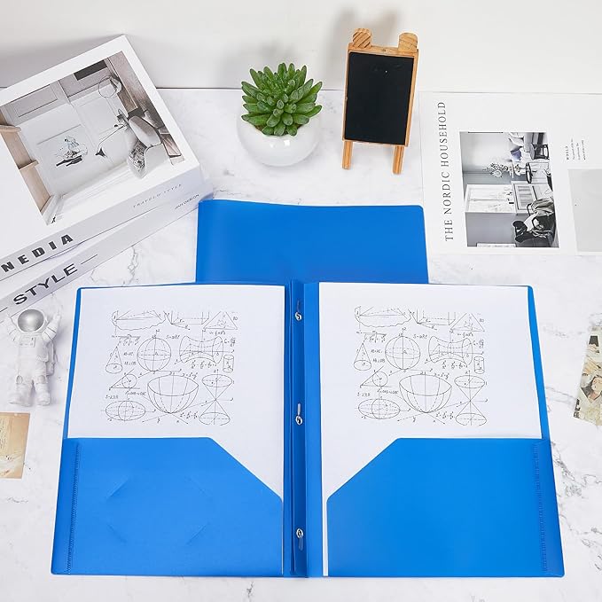 Yeaqee 60 Pcs Plastic Folders with Pockets and Prong Plastic Folders with 2 Pockets Pocket for Office, School for Students, Teachers, Office Workers (Blue)