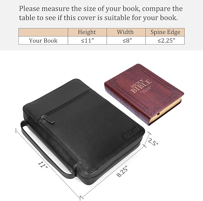 Polare Napa Leather Bible Cover Church Bag Bible Protective Book Holder Carrying Case Folder Organizer Portfolio, Black