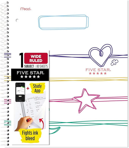 Five Star Spiral Notebook + Study App, 1 Subject, Wide Ruled, 8" x 10-1/2", 80 Sheets, Pastel Doodles (930212F-ECM)