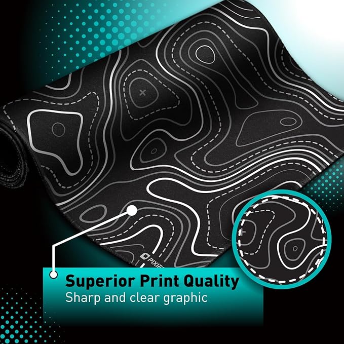 Minimalist Topographic Map Mouse Pad - Contour Extended Large Stitch Edge Mousepad. Black & White Non-Slip XXL Gaming Desk Mat