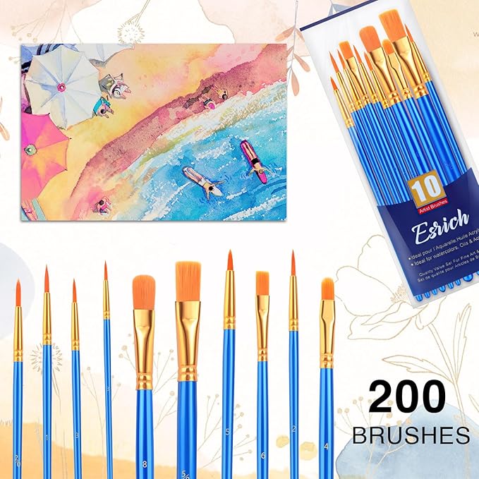 ESRICH Acrylic Paint Brushes Set, 20 Packs / 200 Pcs Nylon Hair Paint Brushes,Paint Brush Set Suitable for Oil,Watercolor,Rock Body Face Art, Kids Adult Perfect Art Painting Craft Paint Brush Kits.