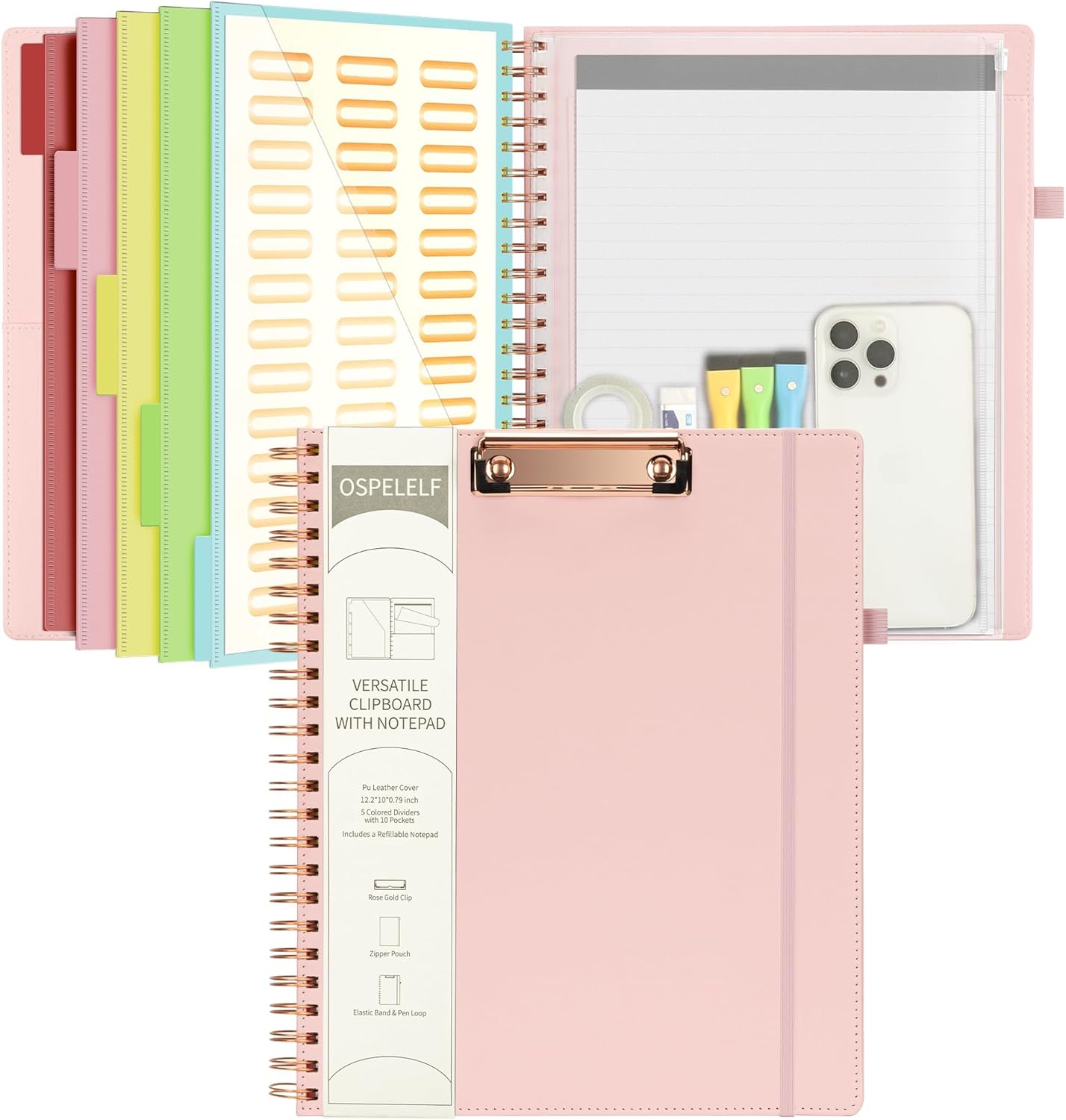 Ospelelf Leather Clipboard Folio with Notepad for Letter Size, Spiral Clipboard Folder with Storage Zipper Pouch, 5 Folders with 10 Pockets, 39 Divider Label Stickers, Pen Loop Series (Pink)