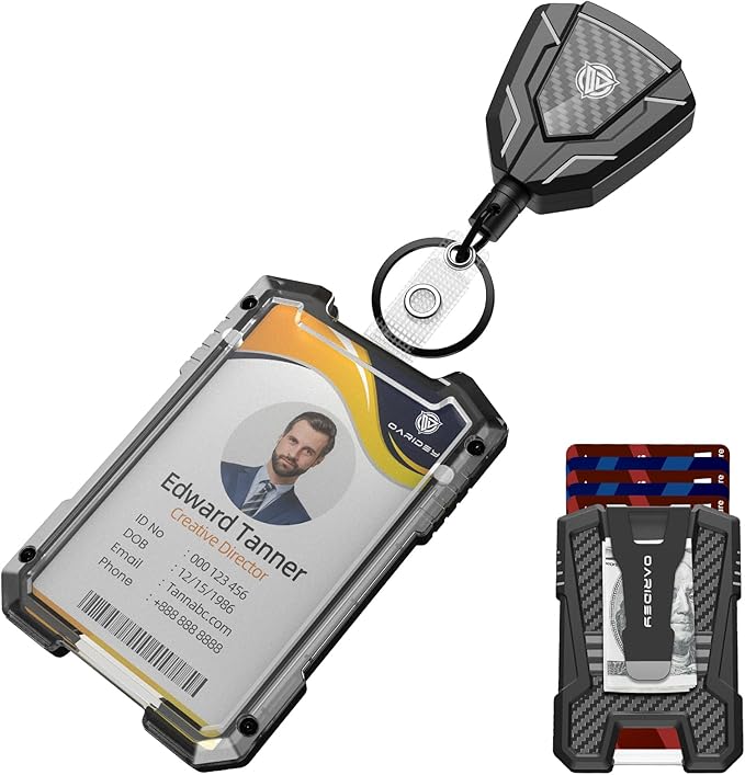 Oaridey Retractable Badge Holder with Belt Clip, Heavy Duty Retractable Keychain with Tactical ID Card Holder (Holds 6 Cards) - 31.5” Retractable Badge Reel Key Chain