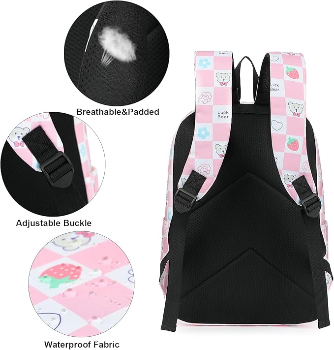 Checkered Bear School Backpack for Teens Girls, Womens College Bookbags Laptop Backpacks (Pink)