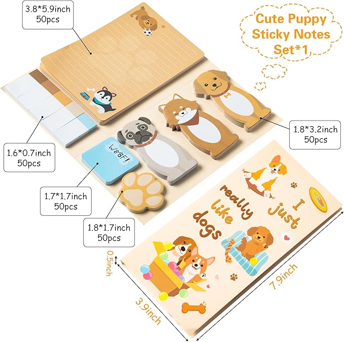 I Just Really Like Dogs Sticky Notes Set, 550 Sheets, Cute Cartoon Puppy Self-Stick Notes Pads Animal Divider Tabs Bundle Writing Memo Pads Back to School Office Supplies Small Gift