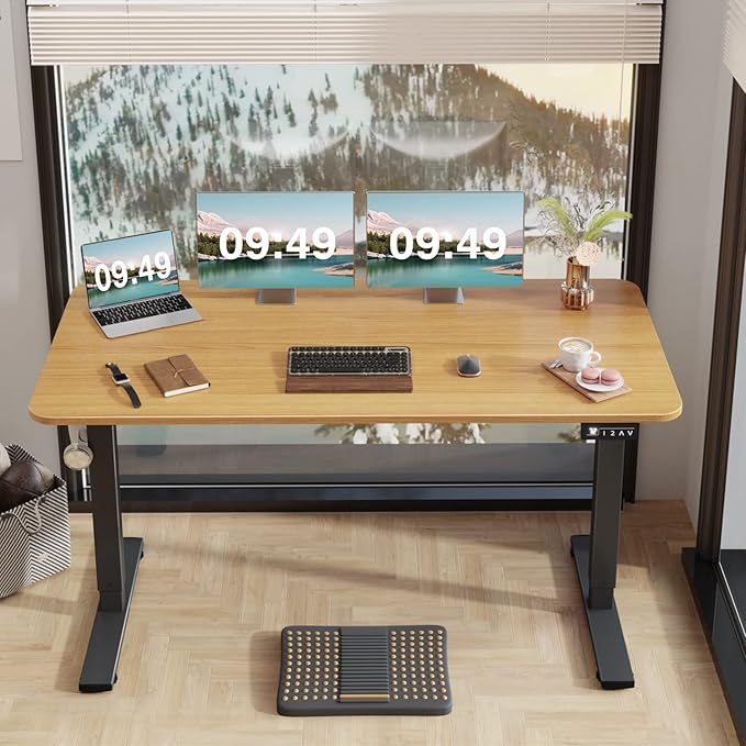 Furmax Electric Height Adjustable Standing Desk Large 55 x 24 Inches Sit Stand Up Desk Home Office Computer Desk Memory Preset with T-Shaped Metal Bracket, Maple