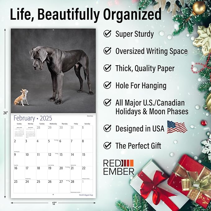 RED EMBER World's Biggest Dogs 2025 Wall Calendar 12 Month | 12" x 24" Open | Thick & Sturdy Paper | Giftable | Calendar 2025