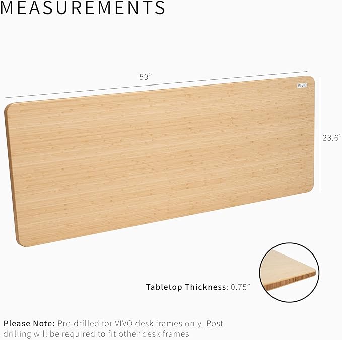 VIVO Bamboo 60 x 24 inch Universal Solid One-Piece Table Top for Standard and Sit to Stand Height Adjustable Home and Office Desk Frames, DESK-TOP60O
