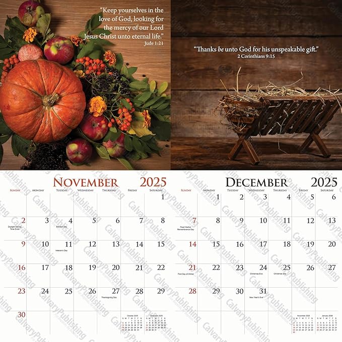 2025 Christian Wall Calendar, King James Bible Verses, 12x24 (Open) Staple Bound, Beautiful Pictures, quality printing and binding.