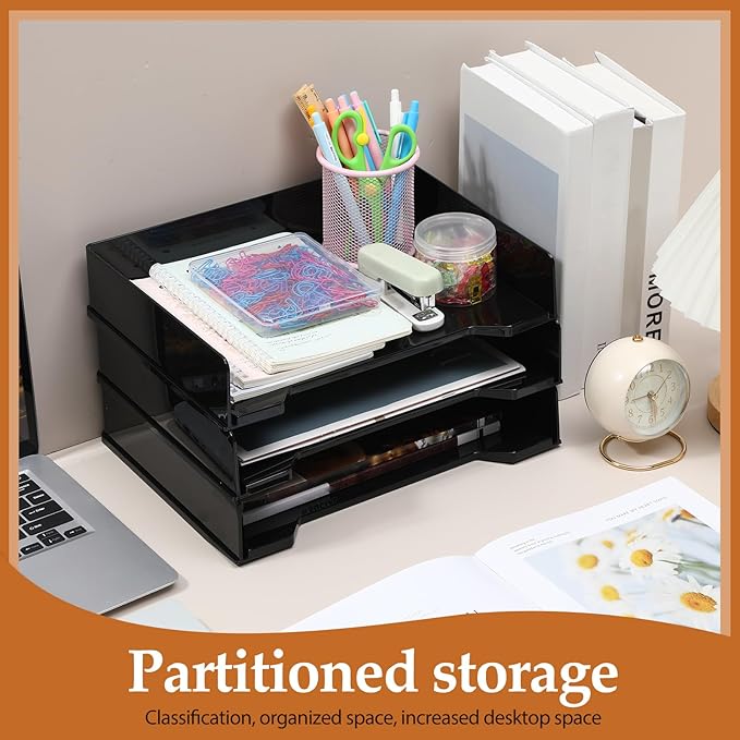 6 Pcs Stackable Letter Tray Rectangular Plastic Desk Organizer 13 x 9.5 x 2.6 in Paper Holder File Tray Accessories Rack for Desktop Office Desk Drawers (Black)