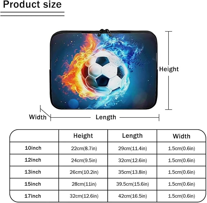 Water and Flame Football Laptop Sleeve for Boys Men 15 inch Lap Top Case Portable Laptop Protector Zippered Pouches with Humanize Design Computer Carrying Case Soccer Briefcase