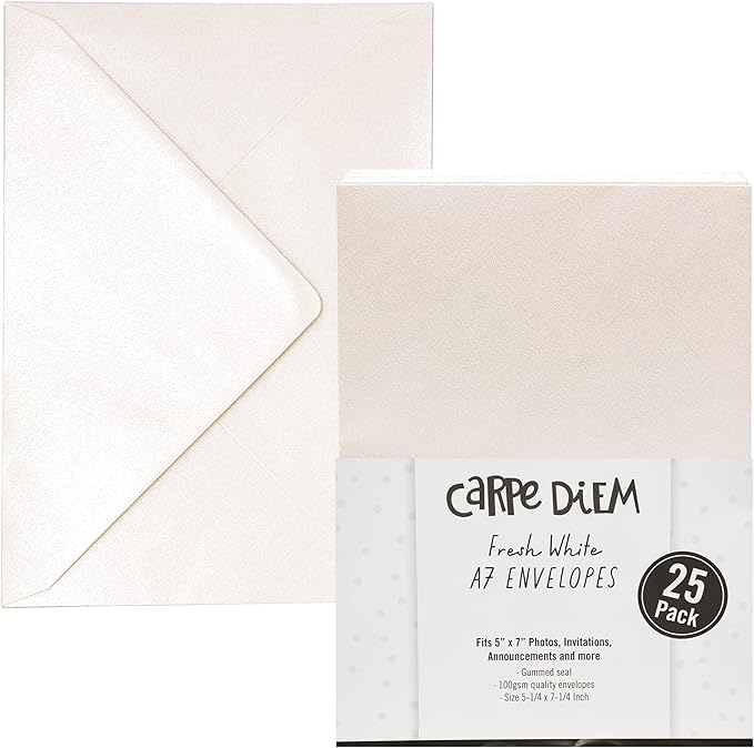 Pukka Pad, Carpe Diem Gummed Envelopes for Greeting Cards and Invitations - Pack of 25 Fresh White Envelopes - A7, 5.25 x 7.25 in