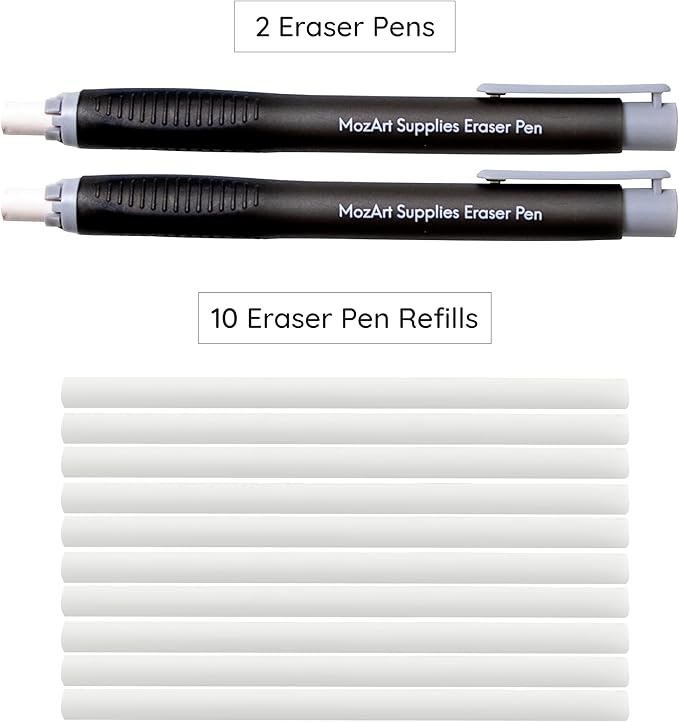 Mozart 2 Eraser Pen with 10 Jumbo Eraser Pen Refills Set, Easy to Use for Mechanical Pencils, Effective for Sketch, Architecture, Drafting, Art, Drawing Supplies.