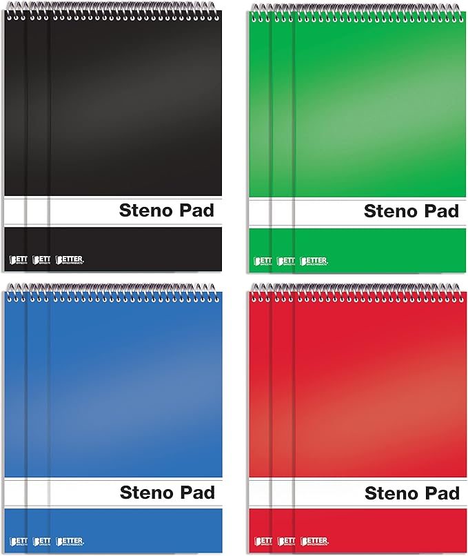 Better Office Products Spiral Steno Pads, 12 Pack, 6 x 9 inches, 80 Sheets, White Paper, Gregg Rule, Assorted Solid Colors (Red, Black, Blue, Green), 12 Steno Notebooks