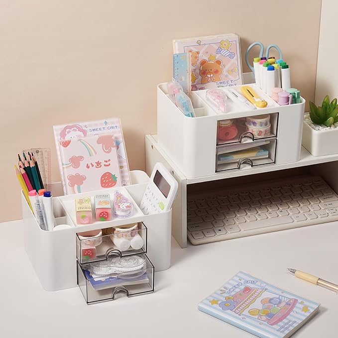 Pen Holder, Office Desk Organizer with Drawer, Pencil Holder for Desk Multi-Functional Pencil Pencil Cup Desktop Stationary Organizer Storage for Office School Home Art Supplies White