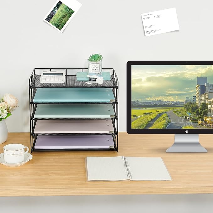 5 Tier Mesh Paper Letter Tray Organizer, Desktop Mail Sorter Office Supplies Organizer for Desk, Desk Organizers and Accessories (Black)
