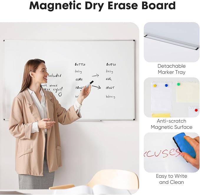 Sweetcrispy Magnetic Dry Erase Board, 36 X 24 Inches Whiteboard for Home Office School, Sliver Reinforced Aluminum Frame,1 Dry Eraser & 2 Dry Erase Markers & 4 Magnetic Pins