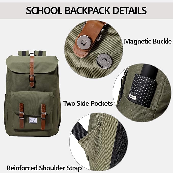 Kasqo Backpack for Men and Women, 15.6 Inch Laptop Backpack Large Capacity Water Resistant Drawstring Flap Bag, Green